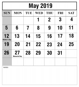 May 2019 Calendar Word Templates