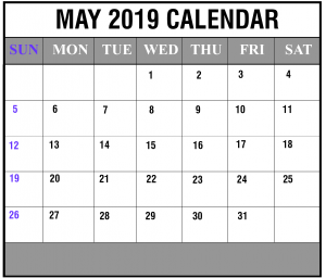 2019 May Blank Calendar Template