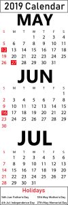 May June July 2019 Printable Calendar