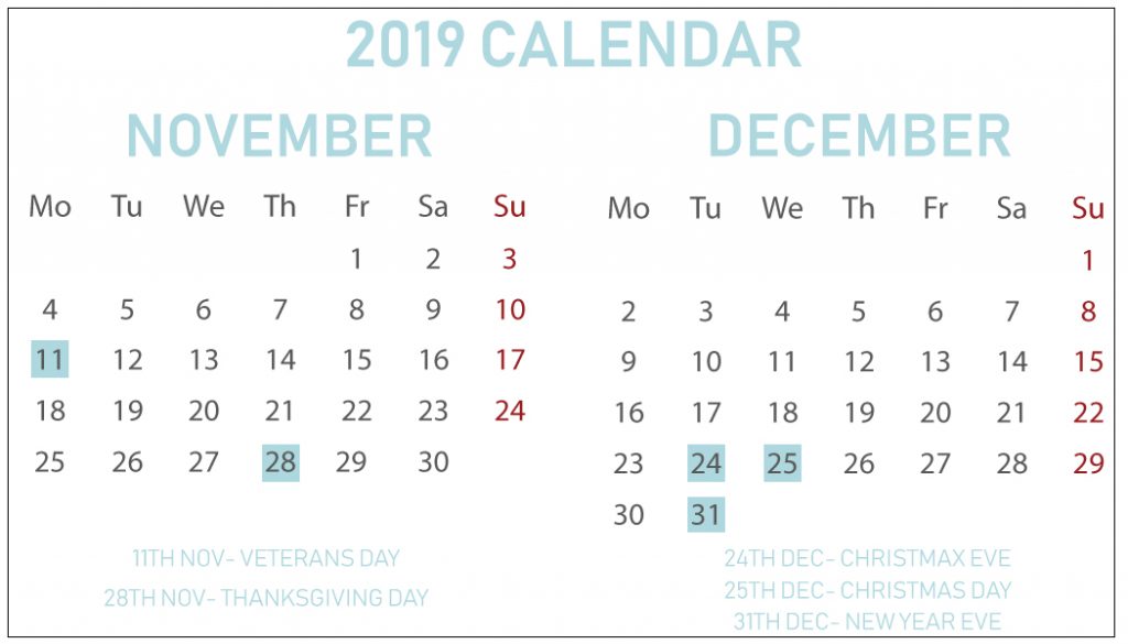 Free November December 2019 Calendar