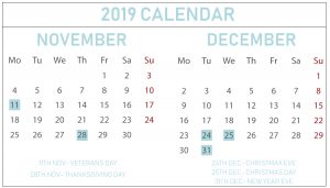 November December 2019 Printable Calendar