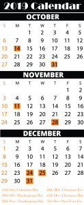 Free October November December 2019 Printable Calendar