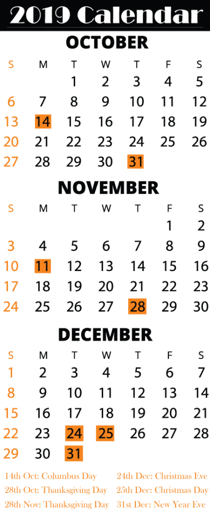 Download October November December 2019 Calendar
