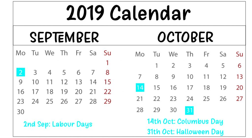 September and October 2019 Printable Calendar