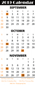 Free September October November 2019 Calendar