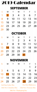 September October November 2019 Printable Calendar