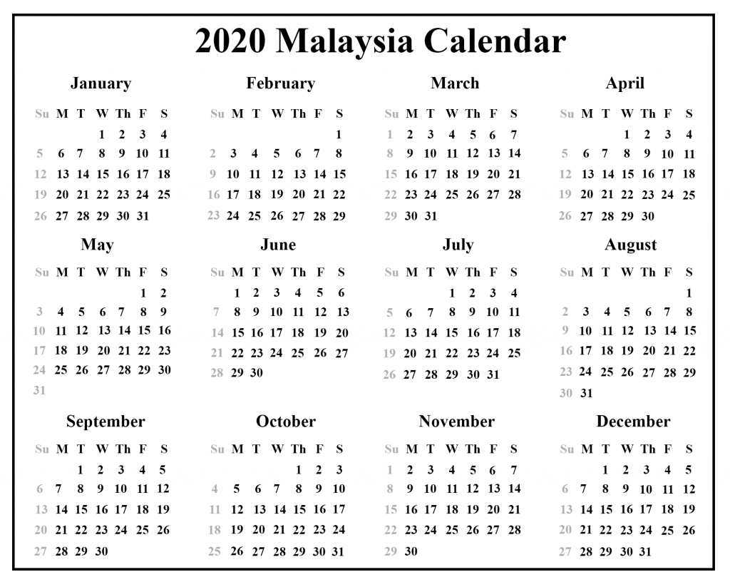 Printable Calendar 2020 with Malaysia Holidays