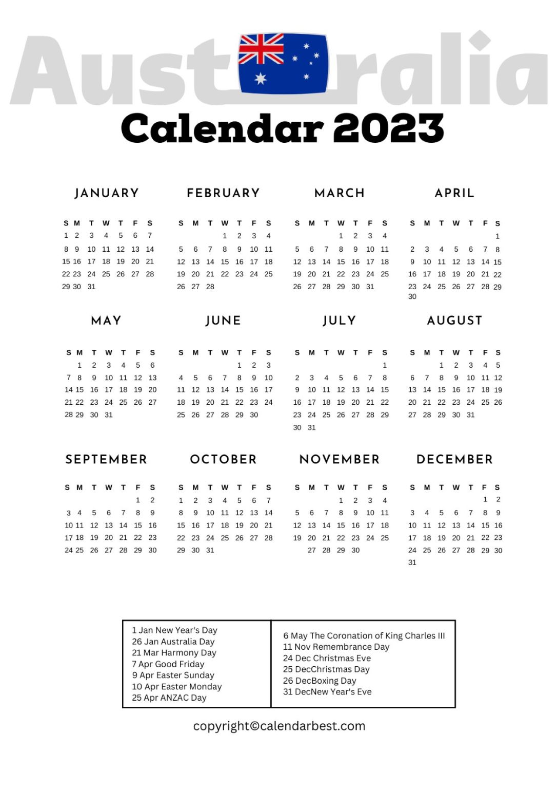 Printable Free Blank Australia 2023 Calendar Template in PDF