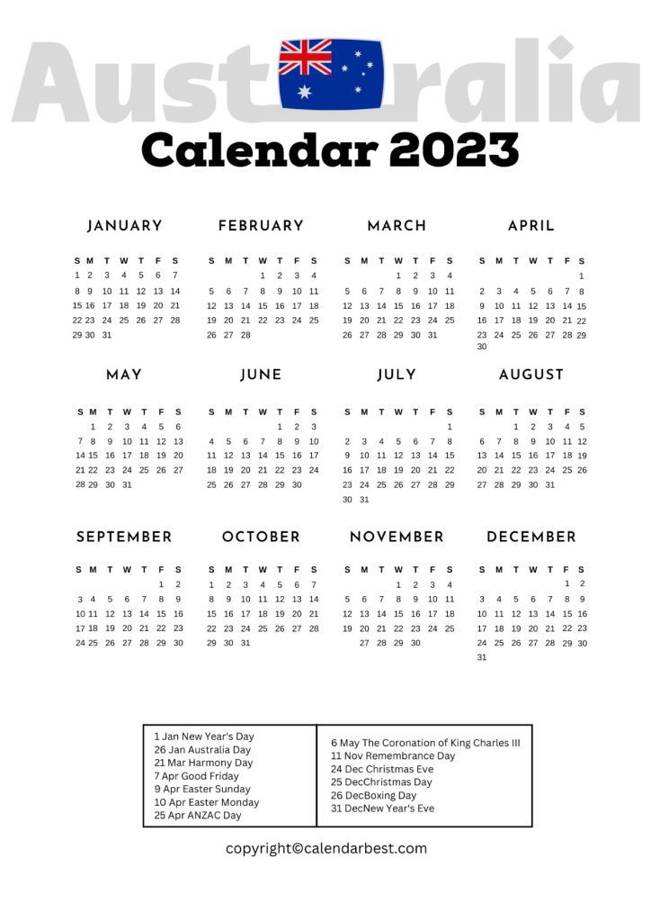 Printable Free Blank Australia 2023 Calendar Template in PDF