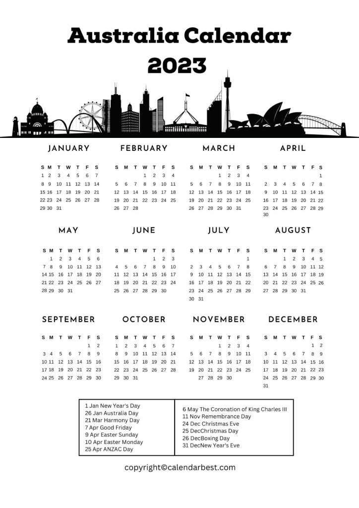 Printable Free Blank Australia 2023 Calendar Template in PDF