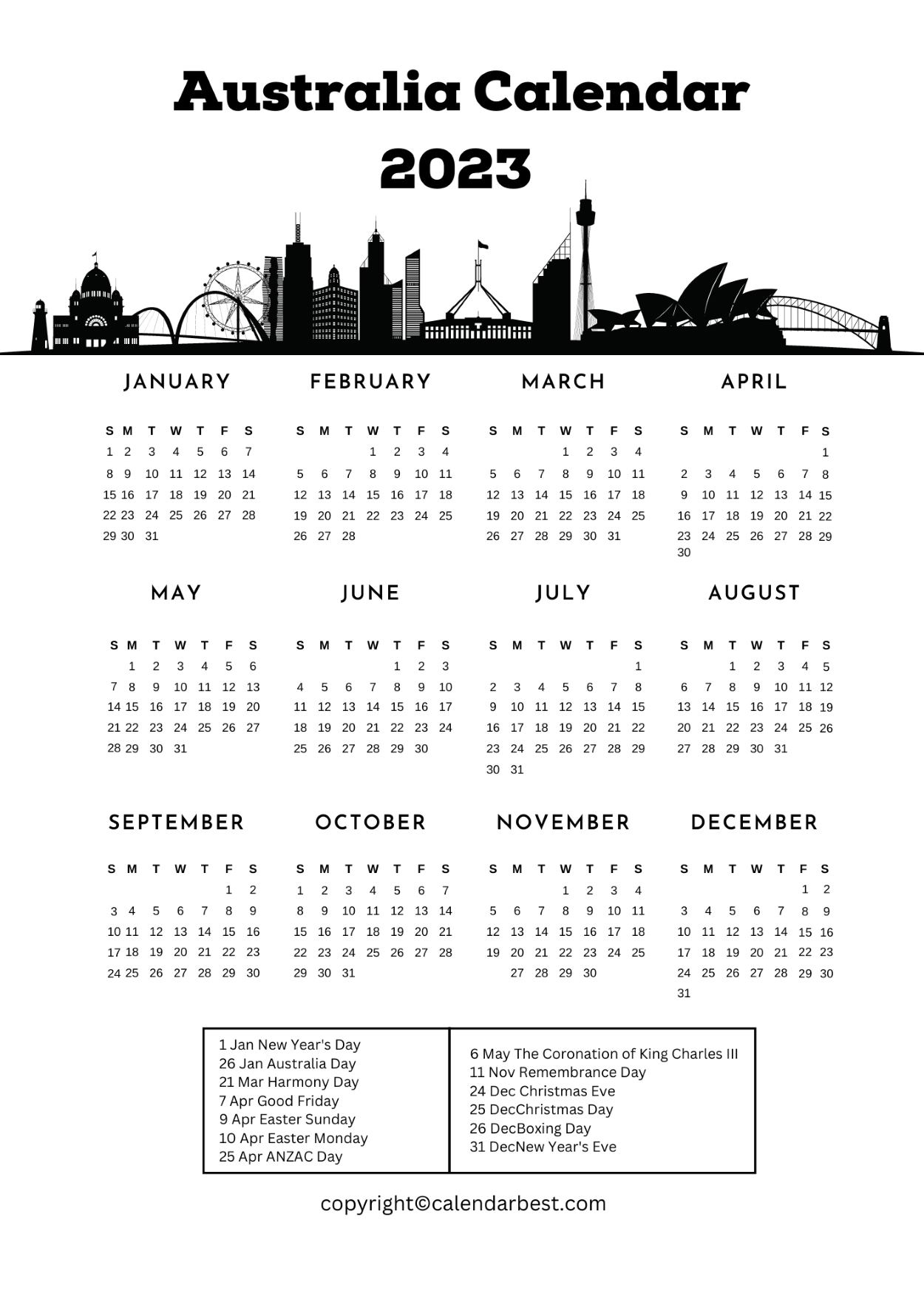 Free Printable Australia Calendar 2023