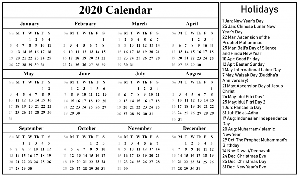 Printable Calendar 2020 with Indonesia Holidays