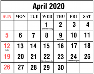 2020 April Blank Calendar Template