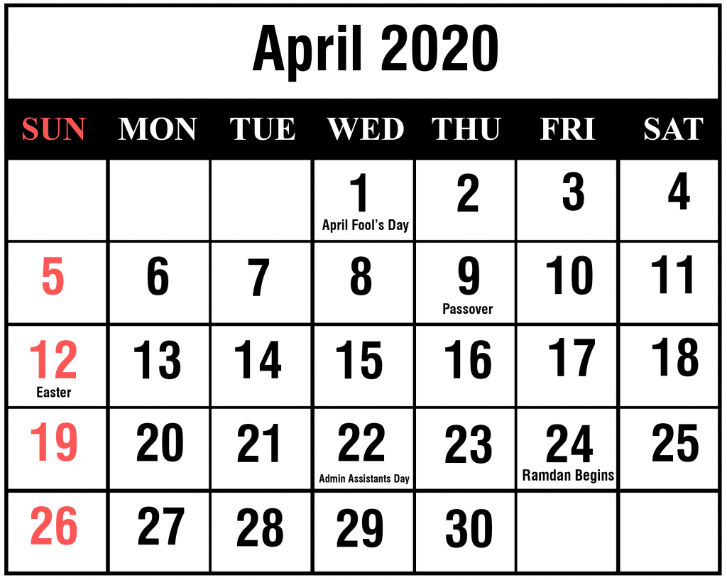 April 2020 Calendar Word Templates