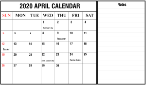 Free 2020 April Calendar PDF