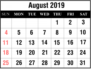 August Calendar 2019 Template