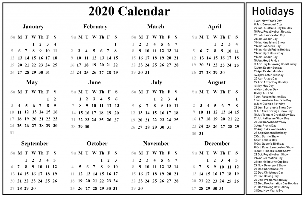 Printable Calendar 2020 with Australia Holidays