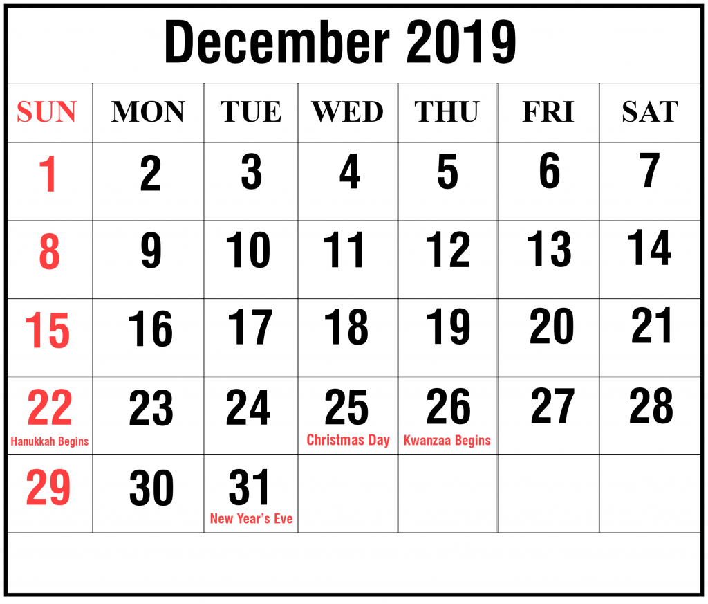 December 2019 Calendar Word Templates
