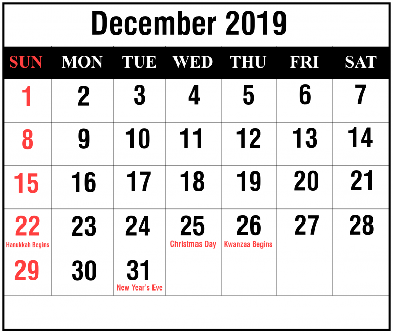 Free December 2019 Printable Calendar Template In PDF, Excel, Word ...