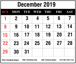Editable December 2019 Calendar Free