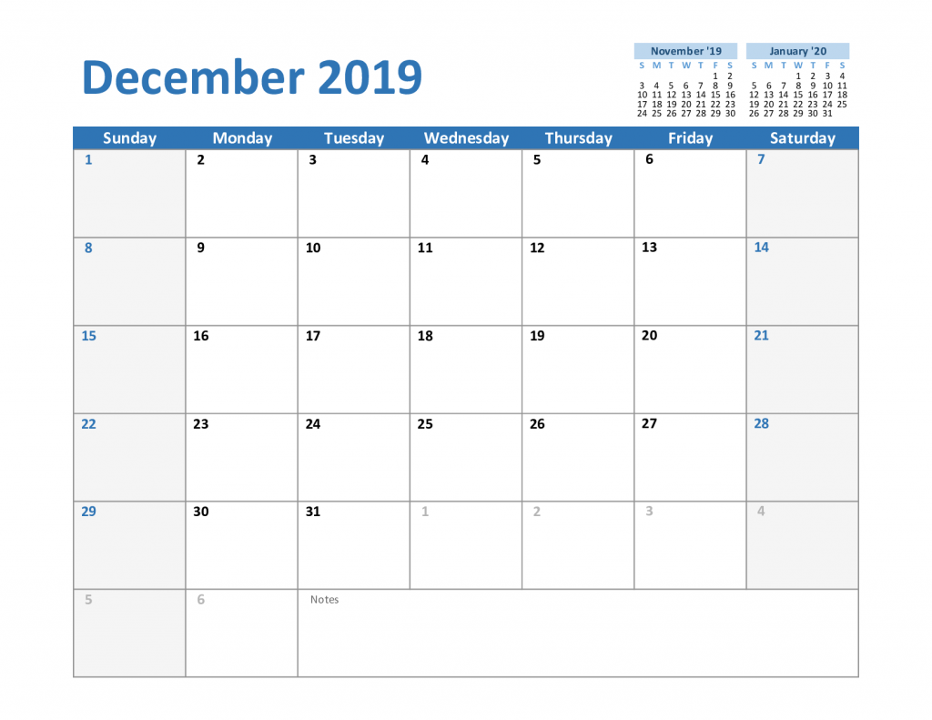 2019 December Excel Calendar Template