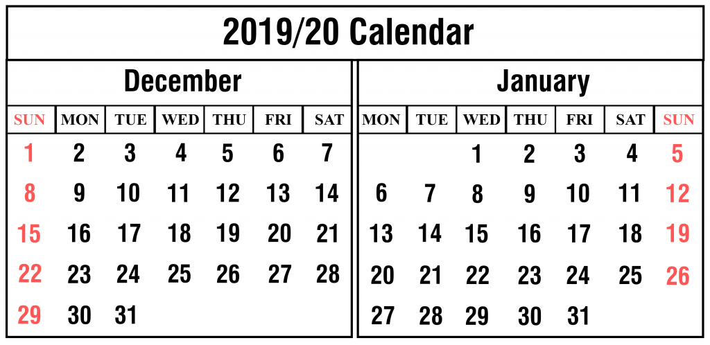 Free December January Calendar 2019-2020