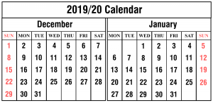 Printable December January Calendar 2019-20
