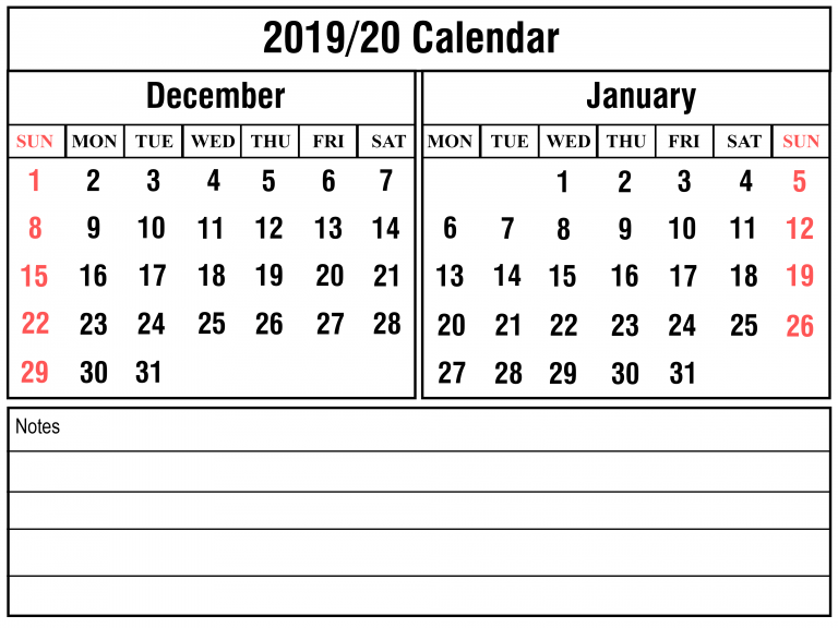December January 2019 2020 Holiday Calendar Best Printable Calendar