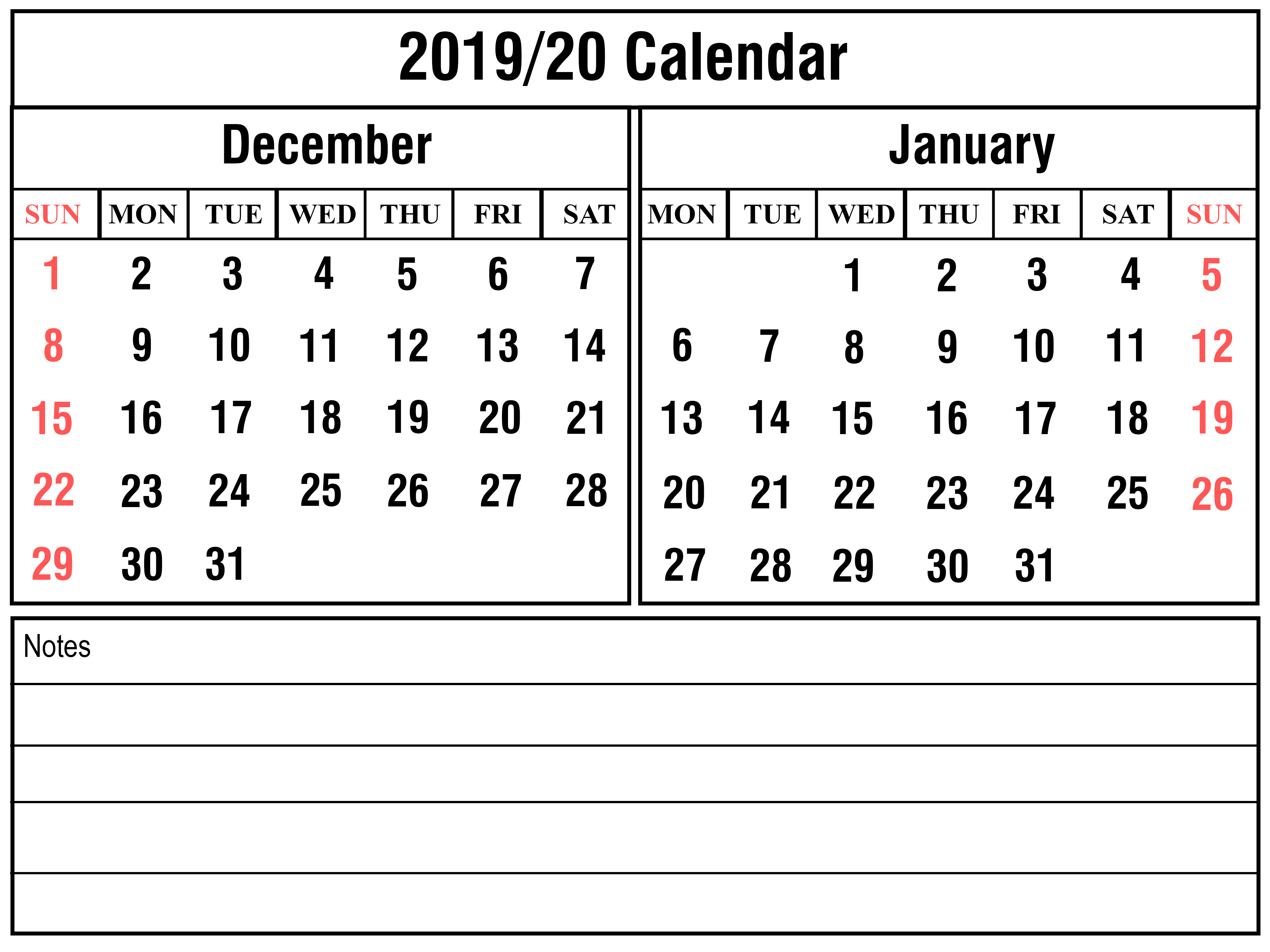 Download December January Calendar 2019-2020