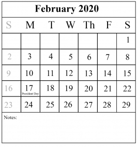 February Printable Calendar 2020
