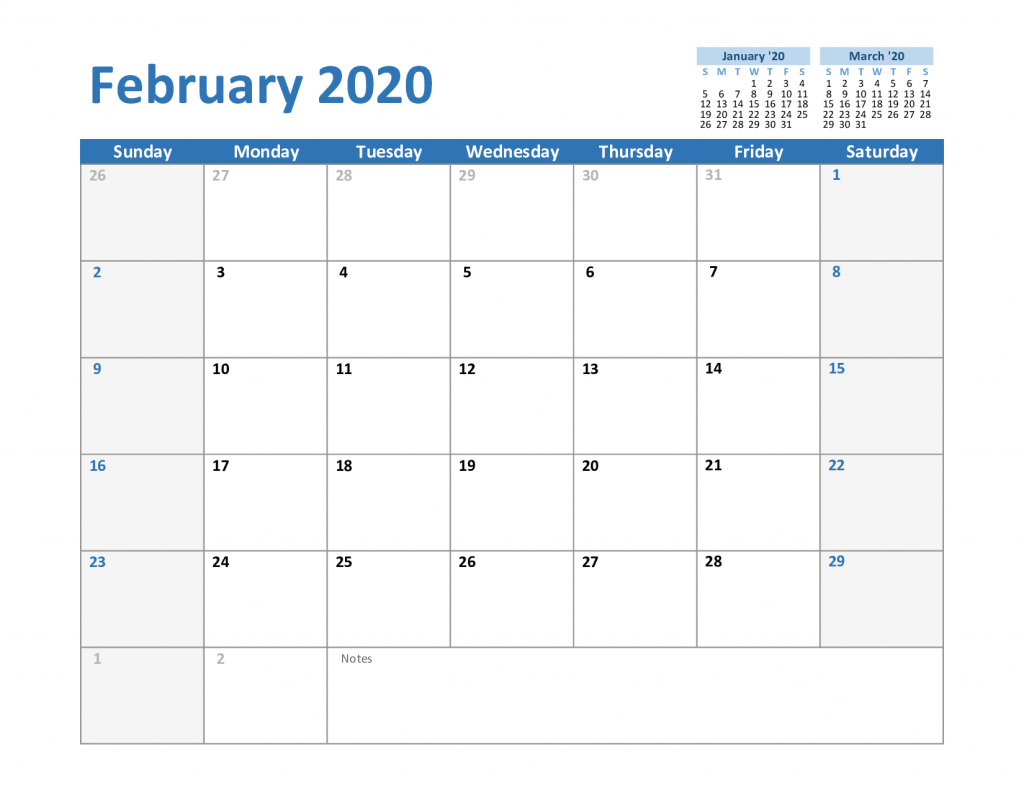 2020 February Excel Calendar Template