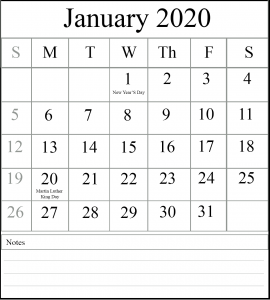 Free January 2020 Calendar Template