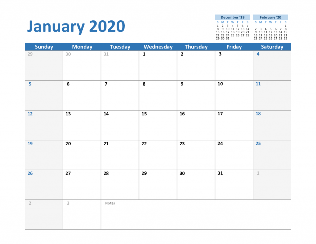 2020 January Excel Calendar Template