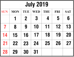 Editable July 2019 Calendar Free