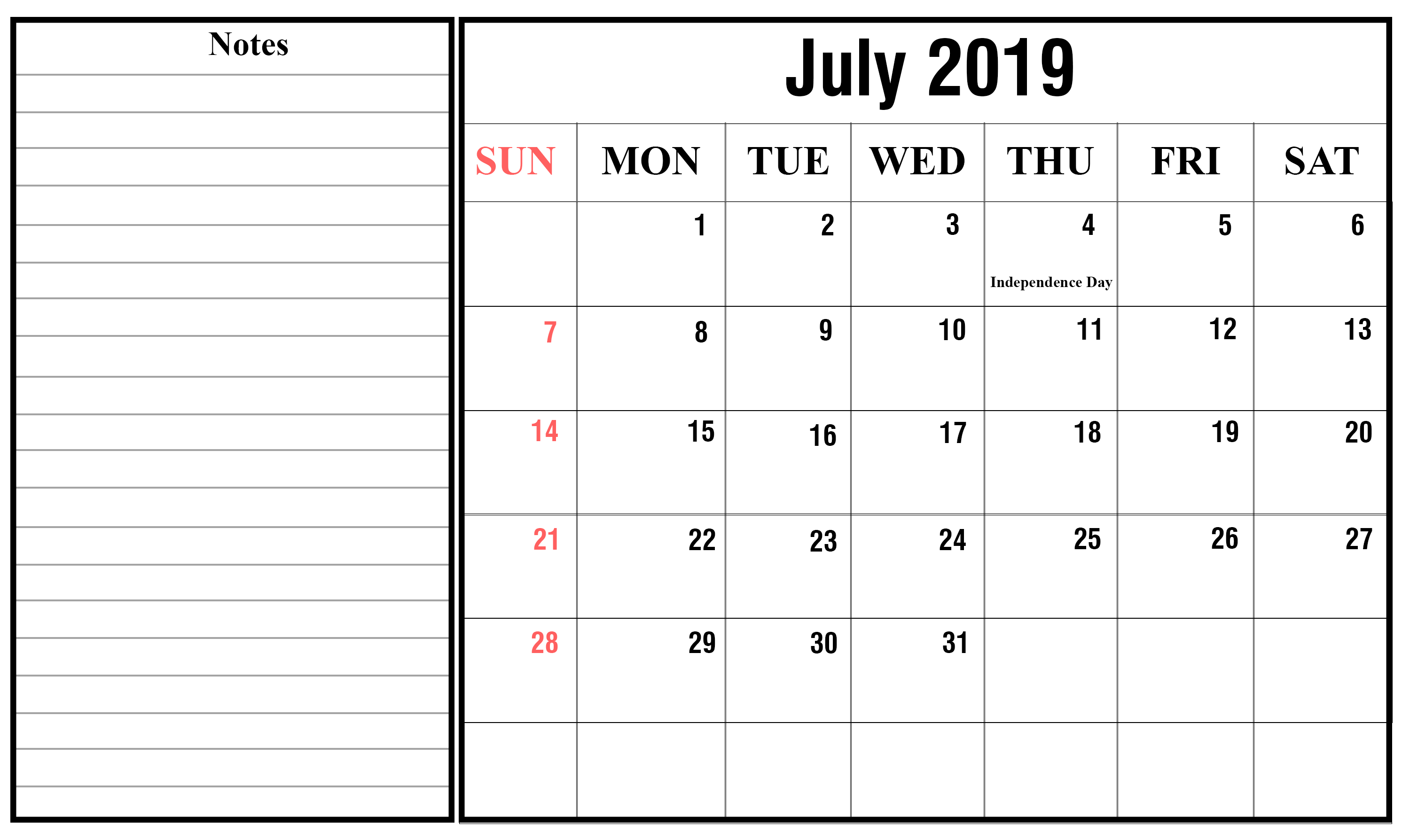 Free July 2019 Calendar With Holidays Best Printable Calendar