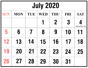 2020 July Excel Calendar Template