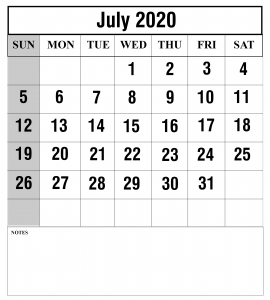 July Printable Calendar 2020