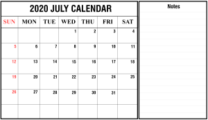 2020 July Blank Calendar Template