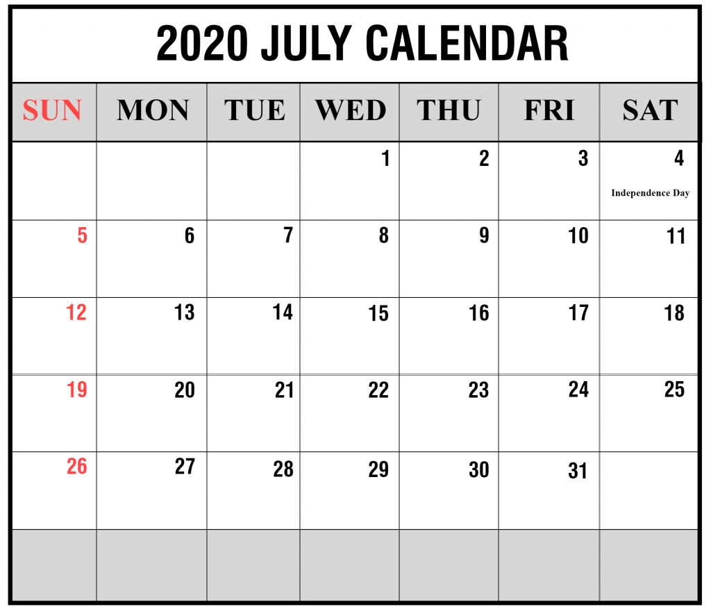 July 2020 Calendar Word Templates