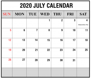 July 2020 Calendar Word Templates