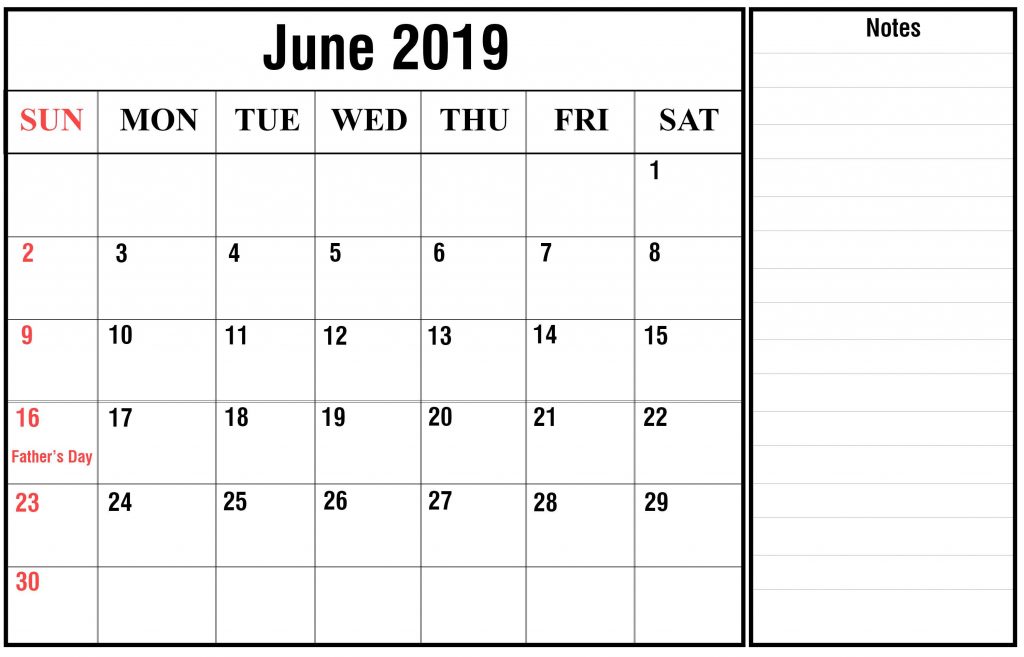 Blank June 2019 Calendar Free