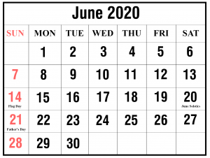 2020 June Blank Calendar Template