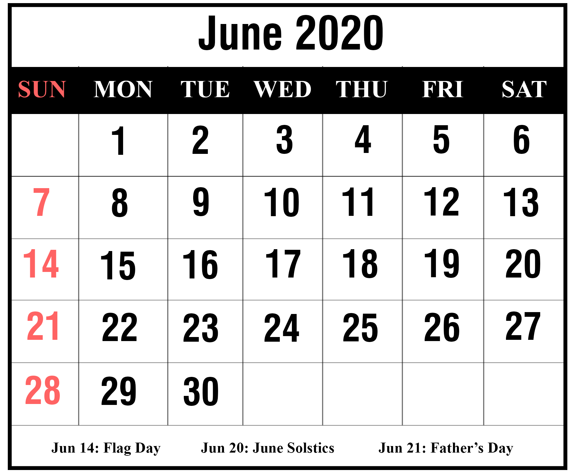 June 2020 Calendar With Holiday  Free Printable Calendar 2023