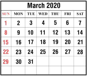 March 2020 Calendar Word Templates