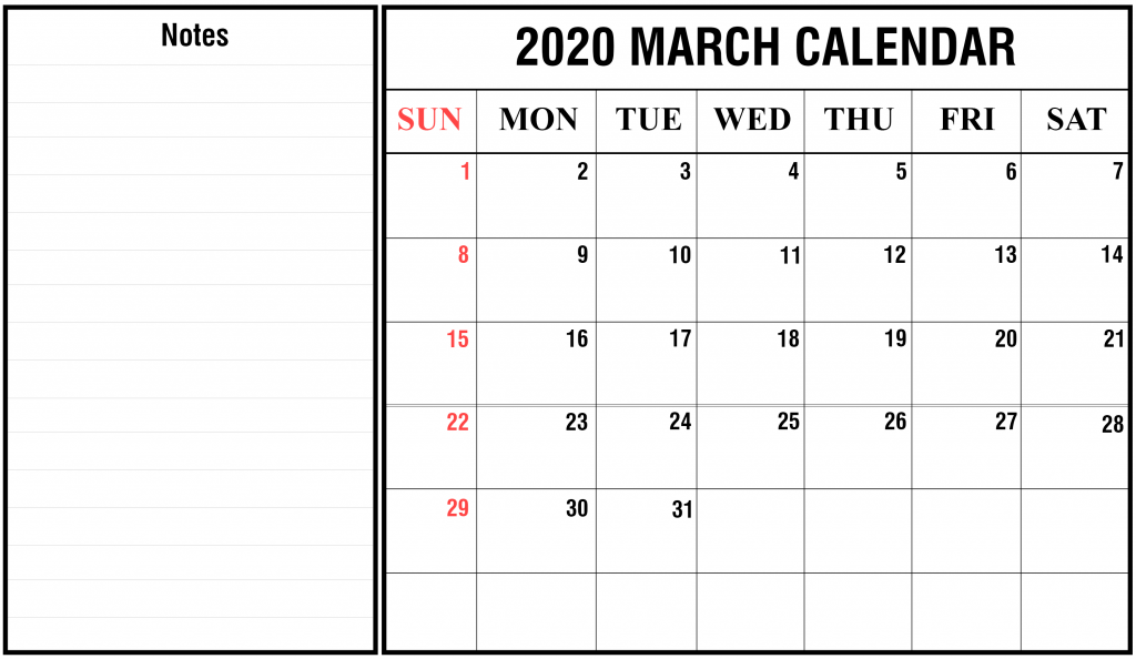 2020 March Blank Calendar Template