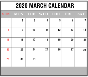 March 2020 Portrait Calendar Template