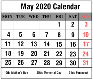 May 2020 Portrait Calendar Template