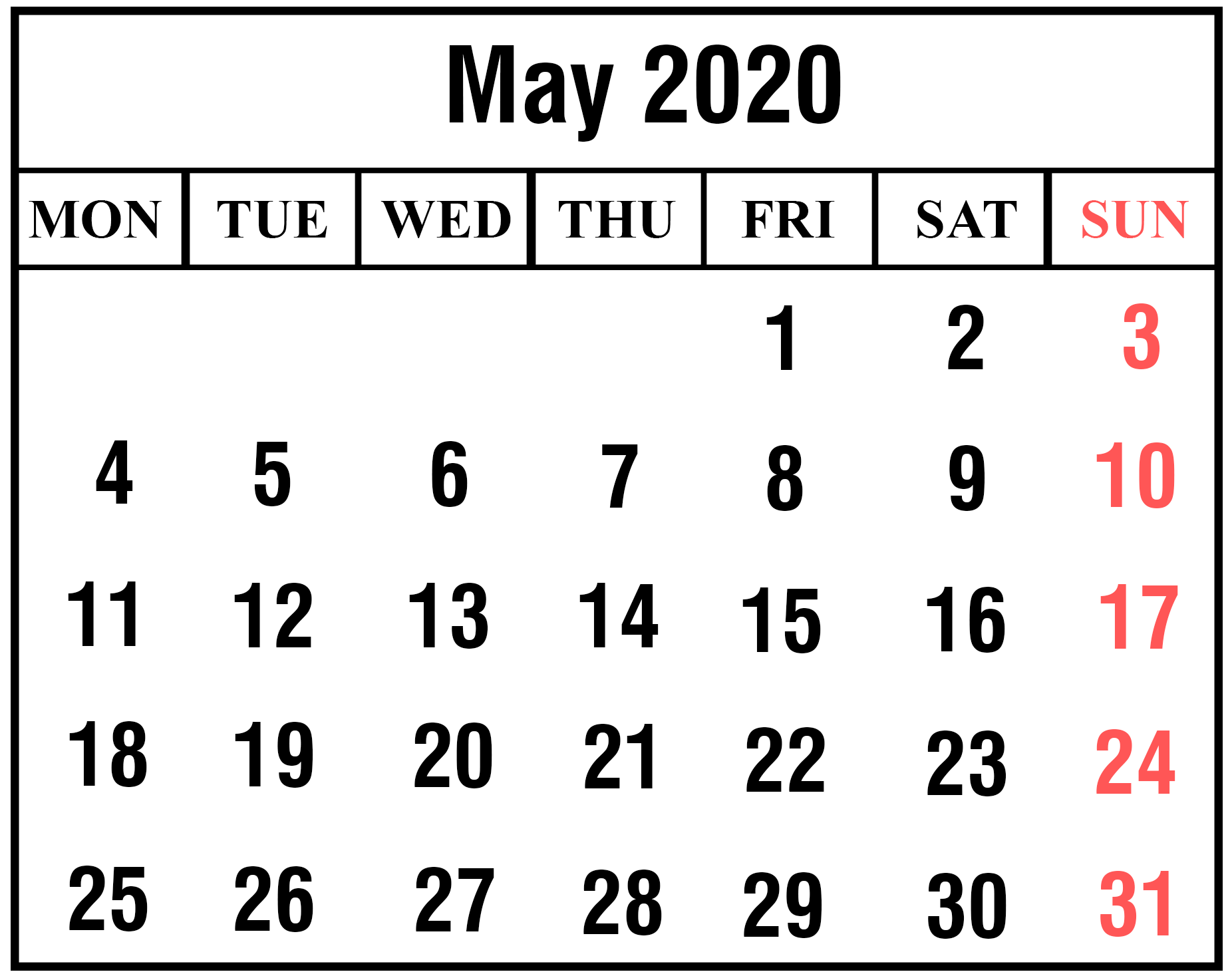 Free May 2020 Calendar Template