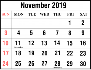 November 2019 Calendar Word Templates