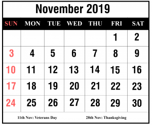 Free 2019 November Calendar PDF